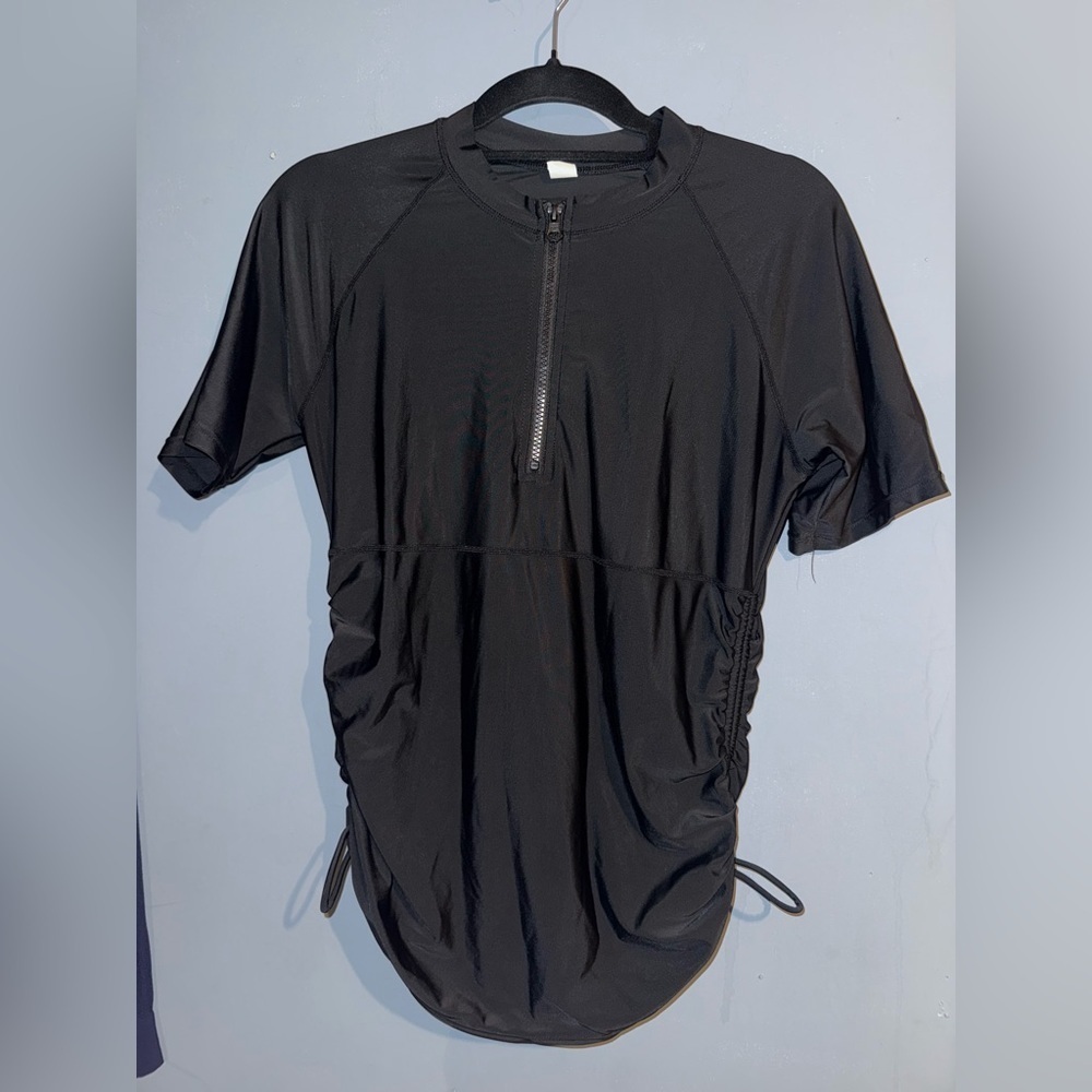 Black Ruched Short Sleeve Top with Zip